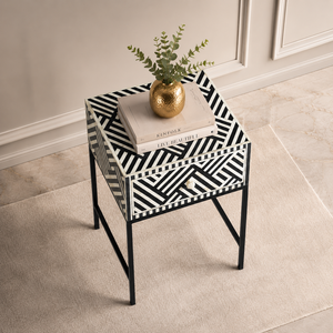 Black and White Bone Inlay Nightstand Wooden End Table Accent <b>Side</b> Table with <b>Drawers</b> for Bedroom - Product Image 4