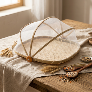 Panier de rangement alimentaire rond pliable en bambou Vinacraft avec couvercle en filet - Product Image 5