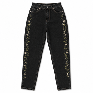 Jeans Acampanados con Bordado Floral en Degradado Azul y Negro para Mujer, Cintura Alta, Elásticos, Lavado Claro Vintage, Casuales, Otoño Invierno, Estilo Urbano - Product Image 3