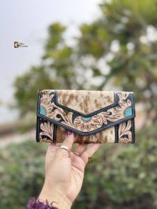 Cartera de mano de piel de vaca de cuero occidental, billetera tallada a mano, multiusos, pelo en ocultar, embragues elegantes de nuevo diseñador para mujer - Product Image 3