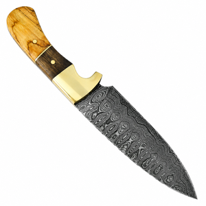 Cuchillo de caza para exteriores con patrón Damasco, hoja negra plateada, mango de madera marrón claro, guardacuchillo dorado y empuñadura remachada para camping - Product Image 3