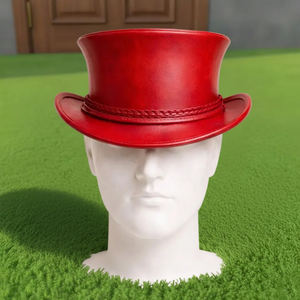 Sombrero de copa rojo unisex de cuero hecho a mano de primera calidad, con banda trenzada, estilo vintage gótico steampunk, regalo para él. - Product Image 1