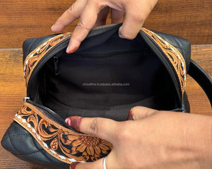 Fabricante personalizado mano Tooled acolchado cuero cosmético almacenamiento moda duradero cuero genuino viaje neceser bolsas de maquillaje - Product Image 6