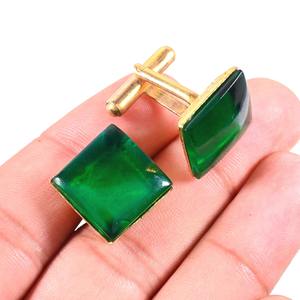 Boutons de manchette personnalisés en jade vert naturel brut plaqué or pour le marié - Product Image 3