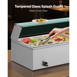 Calentador de Alimentos Eléctrico Comercial de Acero Inoxidable de 1500W, 4 Recipientes, Buffet de Mostrador, Baño María con Cubierta de Vidrio, Control Manual de Temperatura - Product Image 4