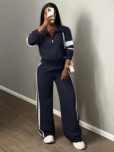Conjunto deportivo para mujer, chándal ajustado de algodón y poliéster con chaqueta con cremallera, pantalones deportivos transpirables y elásticos para gimnasio, entrenamiento y deporte. - Product Image 6