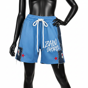 Shorts femme en maille polyester premium 160 GSM bleu ciel avec empiècements latéraux en jean et logo personnalisé brodé - Product Image 5