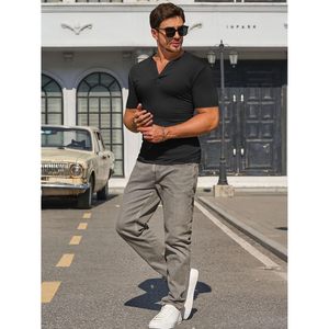 2025 hombres Slim Fit cuello en V Casual Henley camisa 280g peso gimnasio Atlético entrenamiento camiseta hilo teñido manga corta - Product Image 2