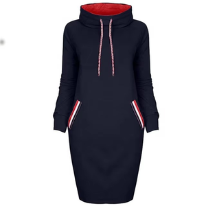 Vestido con capucha para mujer, manga larga, cuello alto, bolsillos con cordón, informal, otoño, gris, forro rojo - Product Image 5