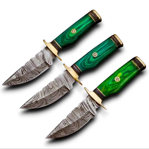 มีดล่าสัตว์เหล็กดามัสกัสขายดี ใบมีดแบบดรอปพอยต์ ด้ามไม้พัคก้าสีเขียว พร้อมการ์ดทองเหลือง คมกริบ ทนทาน ขนาด 15.25 ซม. - Product Image 1