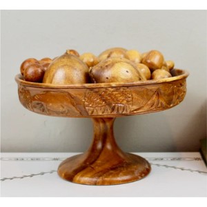Grand panier à fruits en bois sculpté à la main, avec piédestal, bol de rangement, support décoratif en bois pour pain et fruits, décoration de table - Product Image 1
