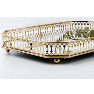 Wholesale Luxury <b>Octagonal</b> Gold <b>Mirror</b> Tray Bulk Hotel Serving Platter with Elegant Ornate Lattice Frame and Integrated Handles - Product Image 3