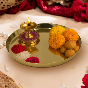 Classic Brass Pooja Thali Set Traditional Design Puja Plate with Diya Bell Kalash <b>Mandir</b> Decoration - Product Image 1