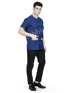 ชุดยูนิฟอร์มพนักงานทำความสะอาดโรงแรม แขนสั้น สีฟ้ากองทัพอากาศ แบบ unisex ผลิตจากโพลีเอสเตอร์/คอตตอน แต่งสีเบจ พร้อมกระดุมด้านหน้า - Product Image 2