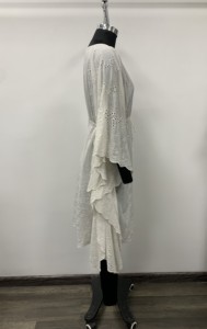 <b>Boho</b> V-Neck Long Sleeve Midi <b>Dress</b> With Drawstring Elastic Waist Loose Fit Linen Cotton Woven Breathable Asymmetrical Hem <b>Summer</b> - Product Image 3