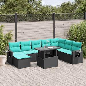 Conjunto de Sofá de Jardín de Ratán Sintético Negro con Cojines, 9 Piezas, Muebles de Exterior de Diseño Contemporáneo para Asientos de Jardín - Product Image 1