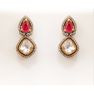 925 Silver Victorian Full Polki CZ <b>Ruby</b> Alternating Tennis <b>Necklace</b> Earring Set Indian Bridal Handmade Antique Gold Plated - Product Image 3