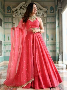 Pink Embroidered Lehenga Choli With Gold <b>Sequins</b> And Halter Neckline For Wedding Occasion - Product Image 5