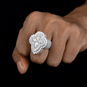 <b>Mens</b> 925 <b>Silver</b> <b>Ring</b> with Lab Grown Diamond Pear and Round Cut Stones Floral Clover Inspired Statement <b>Ring</b> - Product Image 2