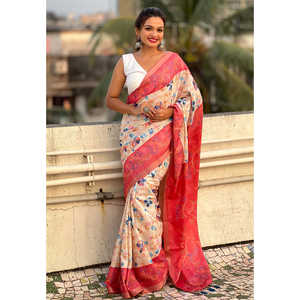 Sari en soie Tussar rouge corail Elite Weaves imprimé Kalamkari avec bordure tissée en zari pour robes de cocktail - Product Image 5