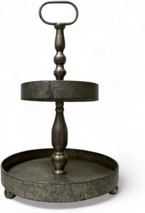 Nuevo diseño de soporte de metal de tres niveles y dos tonos con acento decorativo en la parte superior, perfecto para postres, bocadillos y fiestas. Disponible. - Product Image 2