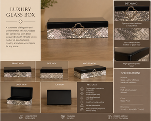 Black Lacquered Glass Jewelry Storage <b>Box</b> with Woven Mother of Pearl Inlay Nickel Emblem <b>Soft</b> Felt Interior Keepsake Organizer - Product Image 6