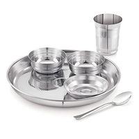 Assiette ronde en acier inoxydable, plateau à dîner indien, plateau à mailles, ensemble d'assiettes à dîner en acier inoxydable de 6 pièces, 3 Bwls 1 verre 1P