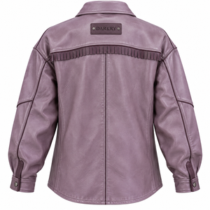 Chaqueta Overshirt de Cuero Genuino Suave Color Lavanda Polvoriento de Corte Holgado con Pecho de Flecos y Cierre a Presión para Mujer, Servicio ODM Personalizado, Proveedor - Product Image 2