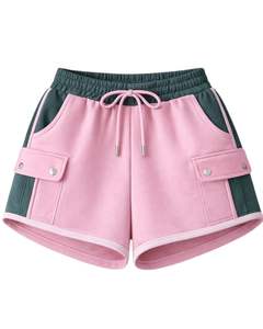 Conjunto de dos piezas casual para mujer, personalizado, con sudadera corta con cremallera y bloques de color rosa y verde oscuro, y pantalones cortos con bolsillos tipo cargo, al por mayor. - Product Image 2