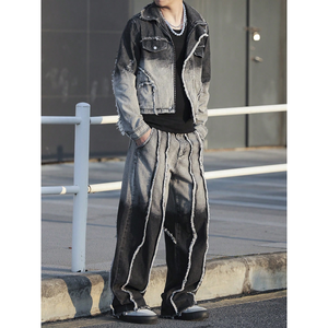 Unisex Gradient Washed Denim Jacket Wide-Leg Jeans Set Streetwear Regular Fit Full Length Cotton Autumn Style Eco-Friendly - Product Image 6