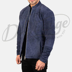 Chaqueta de cuero de ante azul marino para hombre, corte ajustado, piel de oveja auténtica, abrigo informal de moto para otoño e invierno, con cuello de banda y cremallera. - Product Image 5