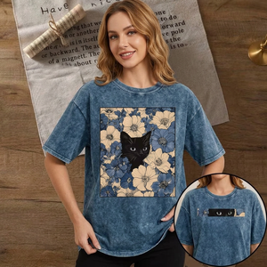 T-shirt en tricot unisexe à motif floral chat bleu délavé, col rond, épaules tombantes, manches courtes, coupe ample, 100 % coton, été - Product Image 2