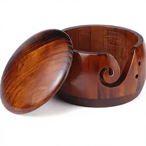 Cuenco de madera redondo para hilo, diseño sencillo, duradero, soporte para tejer a mano y ganchillo con abertura. - Product Image 6