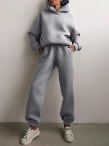 Ensemble de survêtement pour femme, bleu clair, à capuche, manches longues, couleur unie, vêtements décontractés, matière polaire, coupe ample, deux pièces - Product Image 2