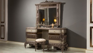 Luxury Royal Solid Teak Wood Bedroom Set Bronze Carved King Size Bed Mirrored Wardrobe 2 Nightstands <b>Dressing</b> Table with Mirror - Product Image 6