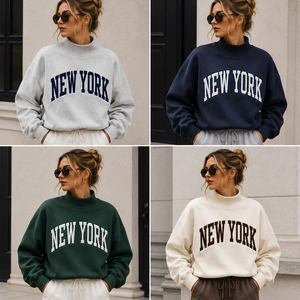 Trendy Custom Embroidery New York Mock Neck Sweatshirt Heavyweight Fleece Drop Shoulder Oversized Unisex Varsity Letter <b>Jumpers</b> - Product Image 3