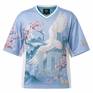 เสื้อเจอร์ซีย์กีฬาตาข่ายสไตล์เรโทร Y2K สำหรับผู้ชาย OEM พิมพ์ลายซิลค์สกรีนลายเครนและดอกซากุระ เสื้อผ้ากีฬาโอเวอร์ไซส์แบบสั้น - Product Image 3