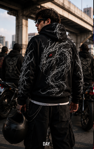 Sudadera con Capucha Negra para Hombre con Estampado de Dragón, Estilo Urbano, Tejida en Poliéster, Talla Grande, Luminosa, para Otoño - Product Image 3