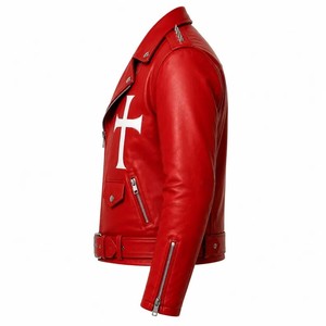 Blouson de moto en cuir PU rouge imperméable gaufré pour homme, fermeture éclair, imprimé croisé, col rabattable, style hiver - Product Image 3