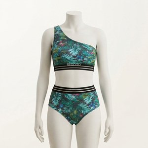 REDDITO Women's One-Shoulder Tropical Print Bikini Set High Cut Bottoms Asymmetric Stretch Eco-Friendly Seamless Spandex Front - Product Image 1