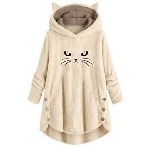 Sudadera con Capucha de Felpa para Mujer, con Orejas de Gato, Manga Larga, Forro Polar, Estampado de Dibujos Animados, Asimétrica, Informal, Abrigo de Invierno, Transpirable - Product Image 1