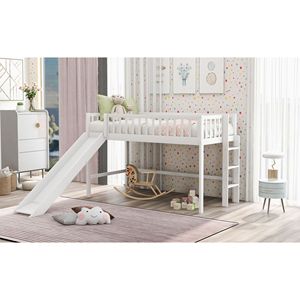 Letto a soppalco basso bianco per bambini con scaletta e scivolo, modello WF196418AAK - Product Image 4