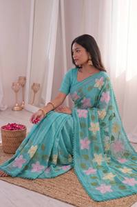 Turquoise Floral Embroidered Silk Saree With Lace Border Traditional Indian Wear For Women Wedding Occasion All Seasons - Product Image 2
