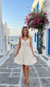 Vestido Mini de Verano para Mujer, sin Mangas, de Algodón y Lino, en Color Crema, Elegante, con Cuello en V, Corte Evase, Estilo Boho - Product Image 3