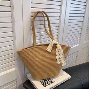 Natural Straw Woven Durable Fashion Tote <b>Bag</b> with Braided Handles and <b>White</b> Tassels for Shopping - Product Image 3