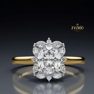 Anillo de Compromiso con Halo de Corte Ovalado, Plata de Ley 925, Anillo de Diamantes con Diseño Floral, Anillo de Promesa de Boda - Product Image 1