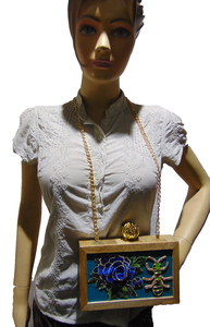 Handmade Floral Embroidery Metal Frame Clutch Box Bag Blue Rose <b>Green</b> Insect Design Rectangle Shape Evening Party Style - Product Image 4