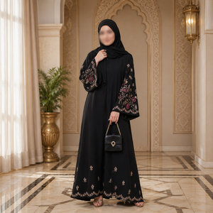 Elegante Abaya Negra |   Vestido Nida con Mangas de Campana y Bordado Floral, Ropa Islámica Modesta, Vestido Largo para Mujeres Musulmanas, Diseño de Moda - Product Image 2