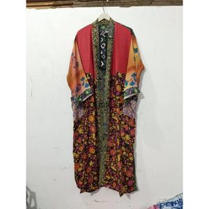 Handmade Luxury Silk Patchwork V-neck Drawstring Closure Full Length Soft Breathable Quick Dry Gown Lounge Wear Kimono Women - Product Image 5