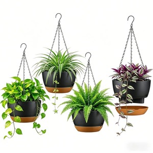 Pots de fleurs suspendus modernes avec chaînes, pots en PP noirs et bruns pour plantes d'intérieur et d'extérieur, design minimaliste - Product Image 1